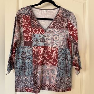 Women’s 3/4 Sleeve, burgundy with multi colors, Size Small NWOT